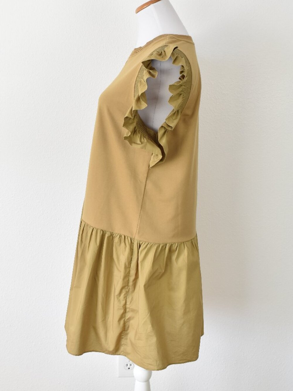 English Factory Mixed Media Ruffle Sleeve Dress Tan - M - Picture 4 of 9